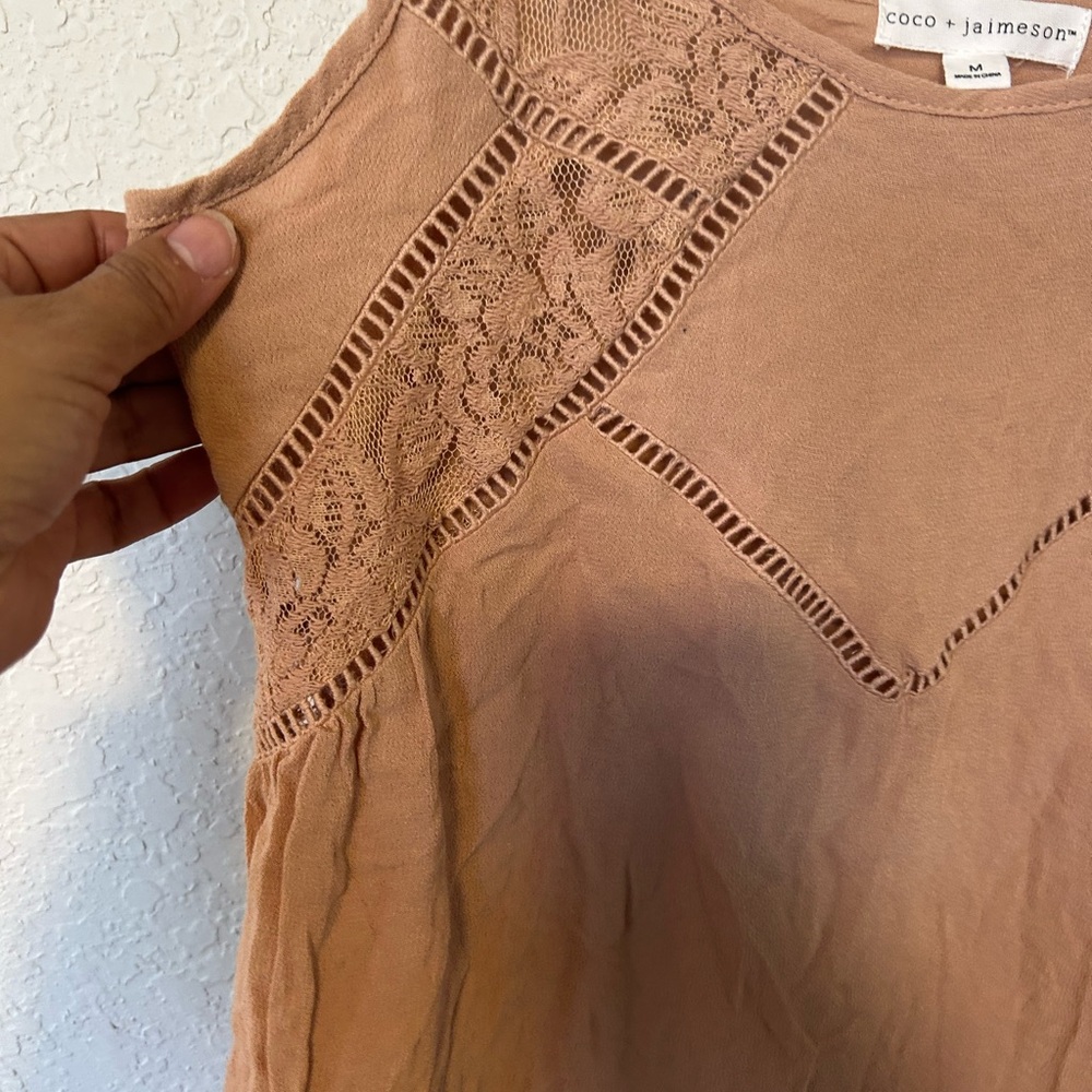 Brown Asymmetrical Crochet-Trim Spaghetti Strap Tank, Size M, Boho Fairy - Picture 2 of 7